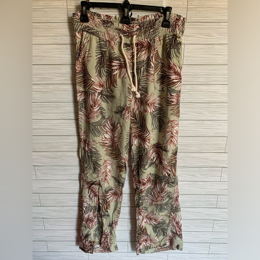 CALI 1850 Los Angeles Olive Green Tropical Print Drawstring Pants linen feel